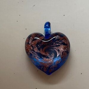 Glass heart pendant, royal blue and copper, 1 1/4”.